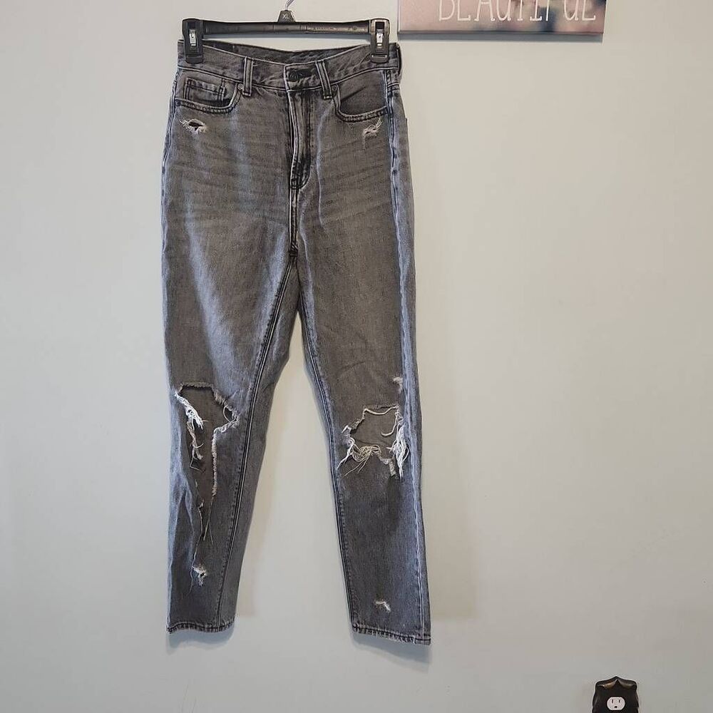 American Eagle Highest Rise Mom Jeans Black Distressed Size 0